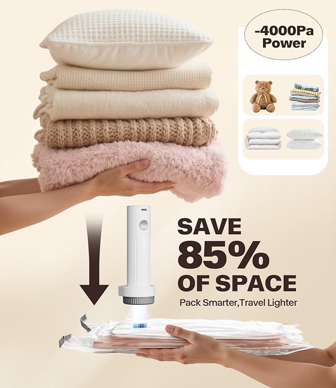Vacuum Seal Bags with Rechargeable Pump - 15 Pack Clothes Storage for Small Space Family Seasonal Organizers - Home Travel Trip Use with 5 Large 5 Medium 5 Small