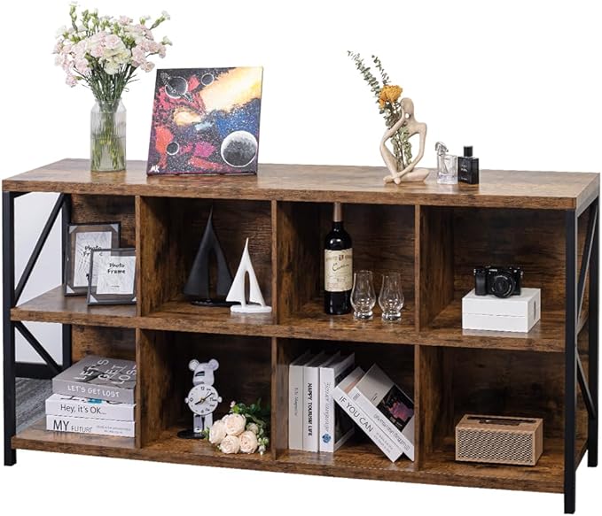 otlectics 2-Tier Bookcase with 8 Cubes, 63 Inch Industrial Horizontal Bookshelf, Home Office Storage Cabinet Organizer with Metal Legs, Rustic Brown