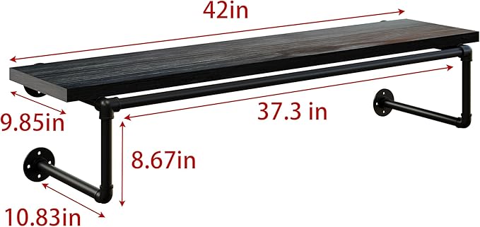Clothes Rack 42in, Wall Mounted Garment Racks with Real Black Wood Shelf, Heavy Duty Hanging Clothes Rack, Multi-Purpose Hanging Rod, Space-Saving Closet Storage