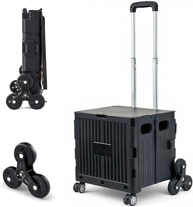 Utility Cart Foldable Shopping Cart Book Storage Cart, with Stair Climbing Wheels and Telescopic Handle, Ideal for Outdoor Home Use and Teacher/Student Book Storage.(Black, Small)