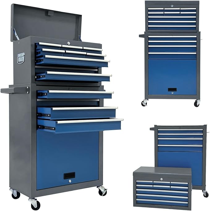 13-Drawer Rolling Tool Chest,Toolbox with Wheels,Tool Cabinets with Drawers, Top Detachable Tool Box with Hooks Handles for Workshop Mechanical Garage (blue＆grey)