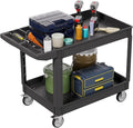 2 Tier Plastic Rolling Utility Cart on Wheels, Heavy Duty Tool Cart with Deep Shelves and 360° Swivel Wheels Holds up to 550 lbs, Service Cart for Warehouse,Garage, Cleaning (Black-L)