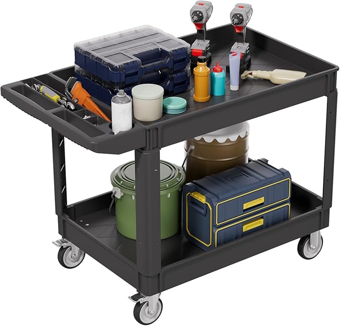 2 Tier Plastic Rolling Utility Cart on Wheels, Heavy Duty Tool Cart with Deep Shelves and 360° Swivel Wheels Holds up to 550 lbs, Service Cart for Warehouse,Garage, Cleaning (Black-L)