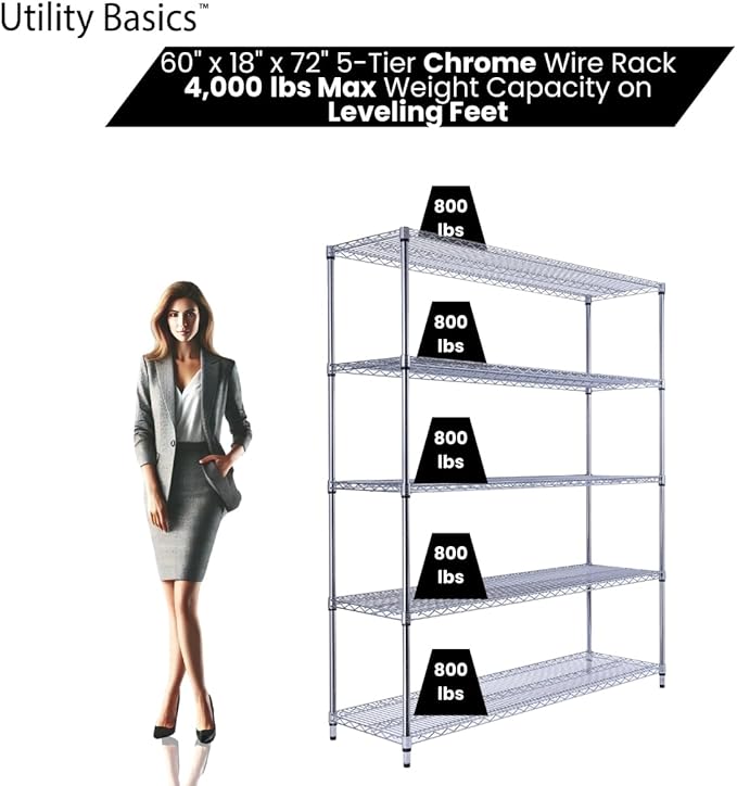 NSF Commercial 5-Tier Wire Shelving with Wheels, 60"x18"x72" Heavy Duty Metal Shelves 4000 lbs Max Capacity, Chrome Storage Rack for Garage Kitchen Pantry Warehouse
