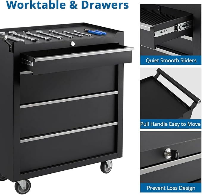 IDEALHOUSE Rolling Tool Chest, 4 Drawers Tool Storage Cabinet, Toolbox with Wheels, Portable Tool Cabinet Organizer with Locking System & Drawer Liners, Tool Storage Cart for Garage, Workshop, Black