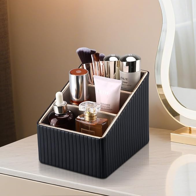 KINGFOM 3 Slot PU Leather Remote Controller Holder, Home Sundries Storage Box, TV Guide/Mail/CD Organizer/Caddy/Holder with Free Cable Desk Organizer (Black Striped)