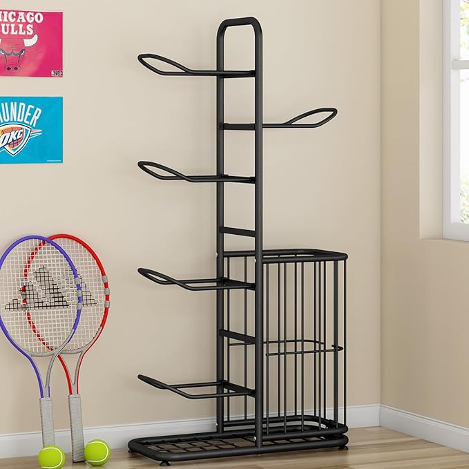 Sports Ball Storage Rack | Adjustable Vertical Stand for Basketball, Soccer, Volleyball & More | Durable Steel Organizer for Garage |5-Ball |45.7 inches, black