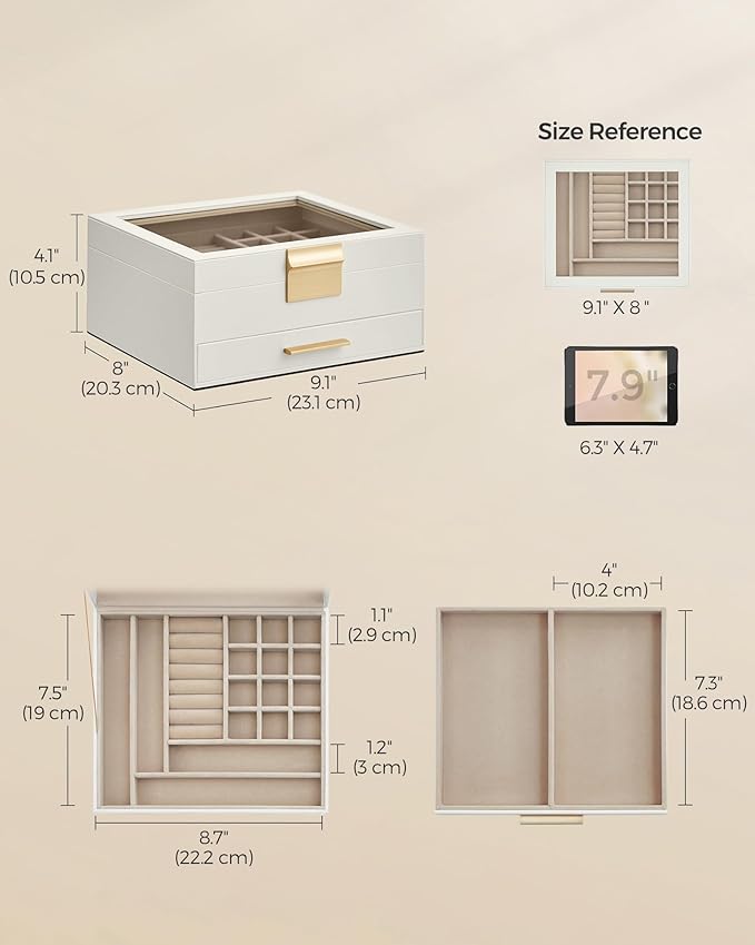 SONGMICS Jewelry Box Organizer with Glass Lid, 2-Layer Jewelry Storage, with 1 Drawer, Modern Style,Christmas Gift, 8 x 9.1 x 4.1 Inches, Cloud White and Gold Color UJBC174W01