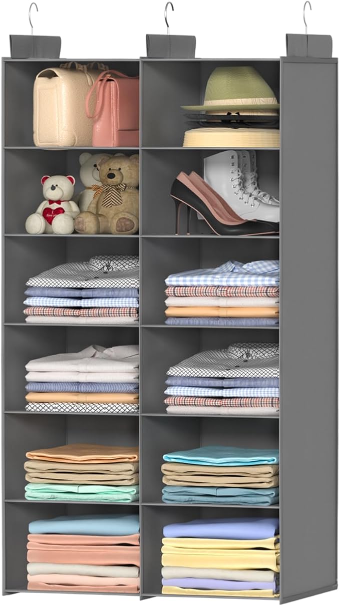 Dual-Row Hanging Closet Organizer – Foldable Clothes Storage Shelves with 3 Hooks, Space-Saving Wardrobe Organizer for Dorm Rooms, Bedroom or Closet (Grey, 6 Tier)