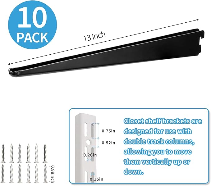 10 Pack 13‑Inch Adjustable Wire Shelf Brackets – Heavy‑Duty Double‑Track Closet & Wall Shelving System Supports（Black）