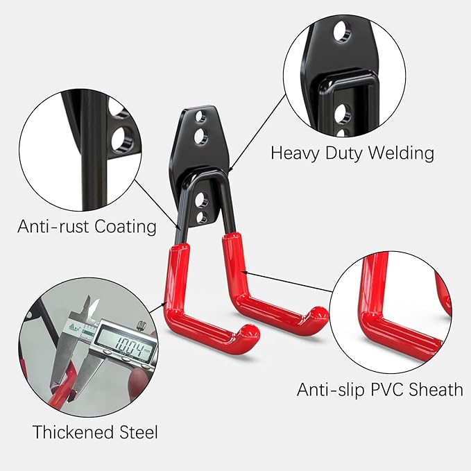 3-H Garage Wall Hooks 10 Pack, Heavy Duty Garage Hooks with Extra Welding Spots, Wall Mount Storage Organizer for Hanging Garden Lawn Tools, Chair, Shovel, Blower, Toolkit (red)