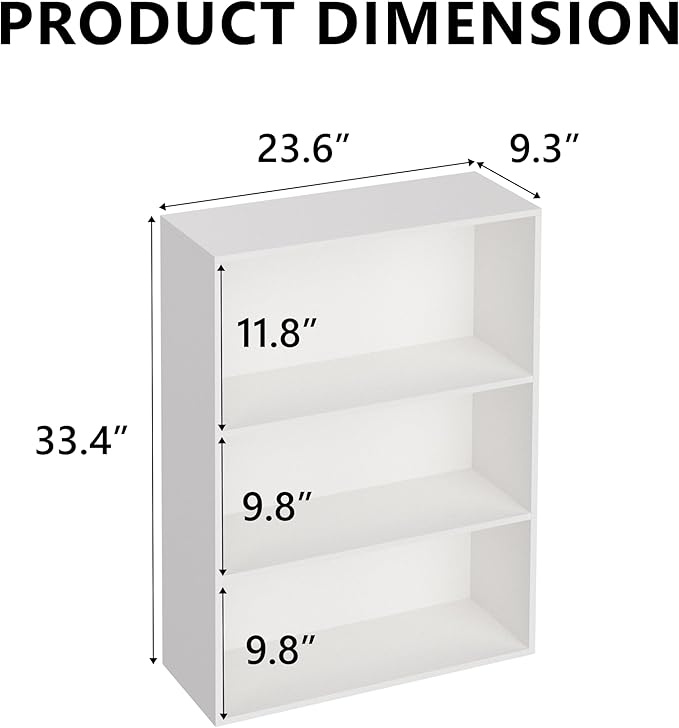 3 Tier Book Shelf，Wooden 3 Cube Storage Organizer, 33 Inch Versatile Cubes Shelf and Cubby Unit for Any Space (White, 3 Cube-W(23.6inch)