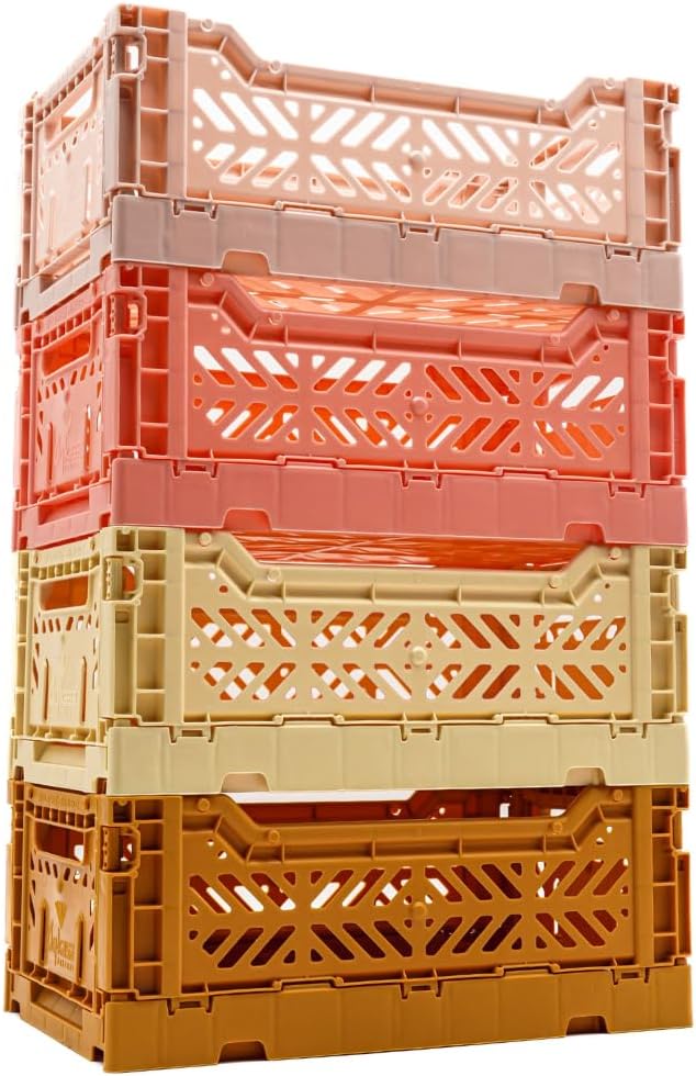 Collapsible Storage Box, Foldable Crate Organizer Bin with Handle, Stackable Crates for Home Organization (Lime-Peach-Cofee-Ivory, 4L - 4-Pack)