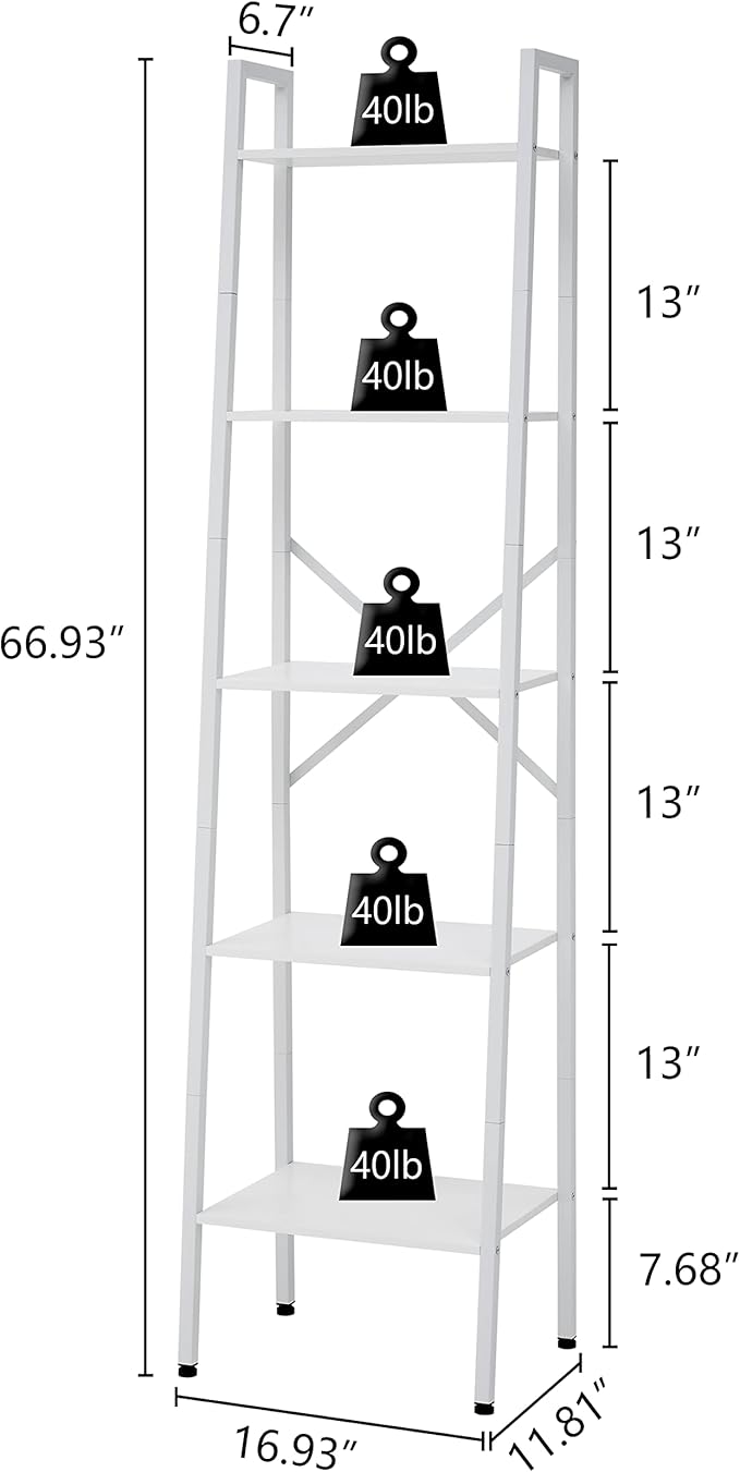 Hoctieon 5-Tier Industrial Ladder Bookshelf, Narrow Ladder Shelf, Tall Standing Bookshelf, Skinny Open Ladder Shelf, for Living Room, Home Office, Kitchen, Bedroom, Metal Frame, White