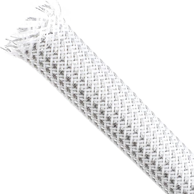 Braided Cable Sleeving, PET Expandable Braided Cable Sleeve, Flexible Mesh Sleeving Cord Management for Audio Video and Other Home Device, Cord Protector from Pets (White Silver, 5/8" x 25ft)