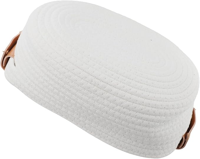 Portable Woven Cotton Rope Storage Bin with Leather Handles Desktop Storage Box Bedroom Storage Container for Toy and Small Items Storage Solution(White S)