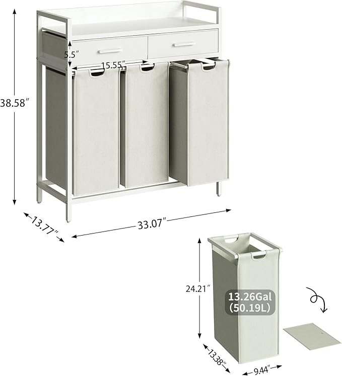 Laundry Sorter 3 Section Laundry Hamper with Shelf, Durable 3 Section Laundry Basket with Rolling Wheels & Storage Drawers, 3 x 13.26 Gallons (50L), White PF09XLW