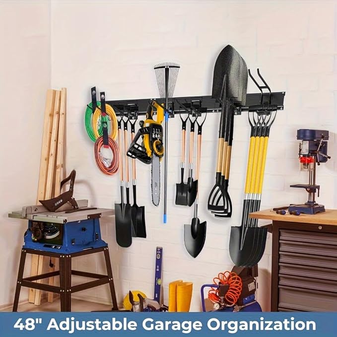 48" Industrial-Grade Wall-Mounted Garage Tool Organizer Heavy-Duty Steel Frame with Capacity Adjustable Swivel Hooks with Dual Shovel Holders for Yard Tools, Trimmers, Ladders& Garage Storage