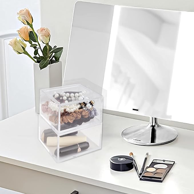 2 Pack Clear Acrylic Organizer with Lid for Paper Clips,Sticky Note,Qtip,Cotton Balls,Hair Ties Holder Acrylic Box for Home Office Bathroom Desk Organizer