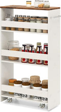 Slim Rolling Storage Cart, 4 Tier Narrow Kitchen Cart with Wheels, Between Washer and Dryer Cart, Wood Shelving Unit Organizer w/Handle for Small Spaces (White & Rustic Brown, 8-Inch)