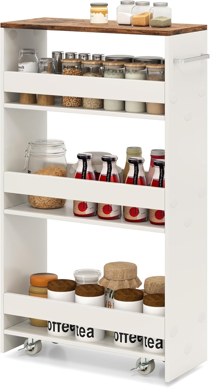 Slim Rolling Storage Cart, 4 Tier Narrow Kitchen Cart with Wheels, Between Washer and Dryer Cart, Wood Shelving Unit Organizer w/Handle for Small Spaces (White & Rustic Brown, 8-Inch)
