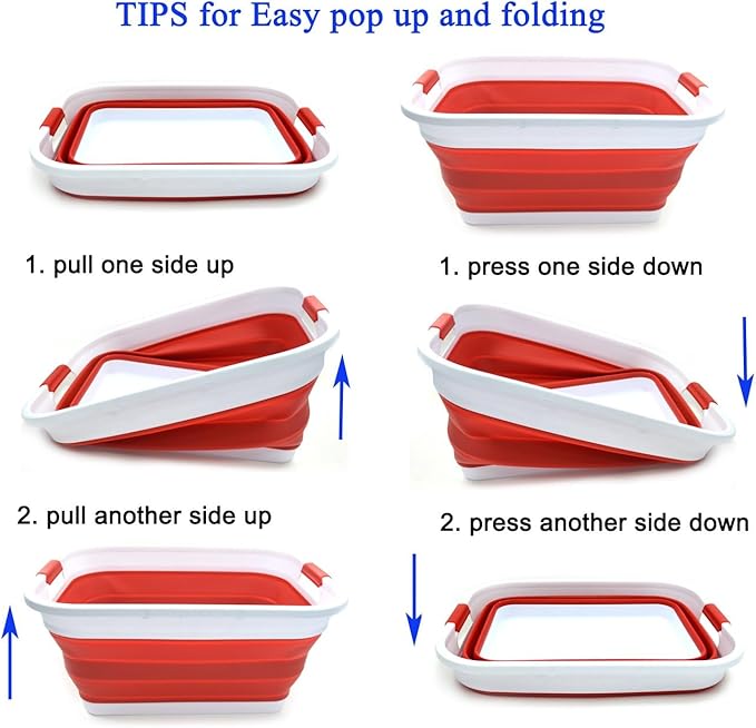 SAMMART Set of 2-41L(10.8 gallon) Collapsible Plastic Laundry Basket-Pop Up Storage Container-Portable Washing Tub-Space Saving Hamper/Basket, Water capacity:32L(8.4 gallon) (2 Rectangular, Red)