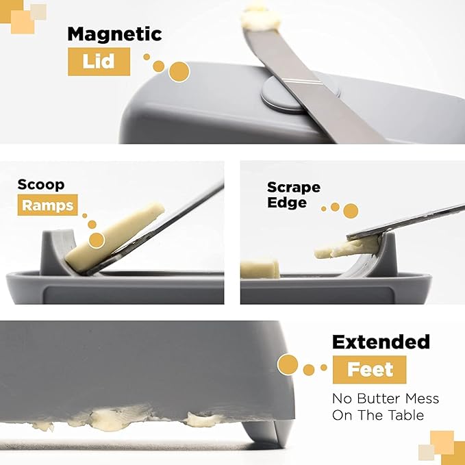 Butter Hub Extra Large Butter Dish with Lid and Knife, European Size Magnetic Butter Keeper, Easy Scoop, No Mess Lid, Plastic, Dishwasher Safe (White, European / 2 Sticks)