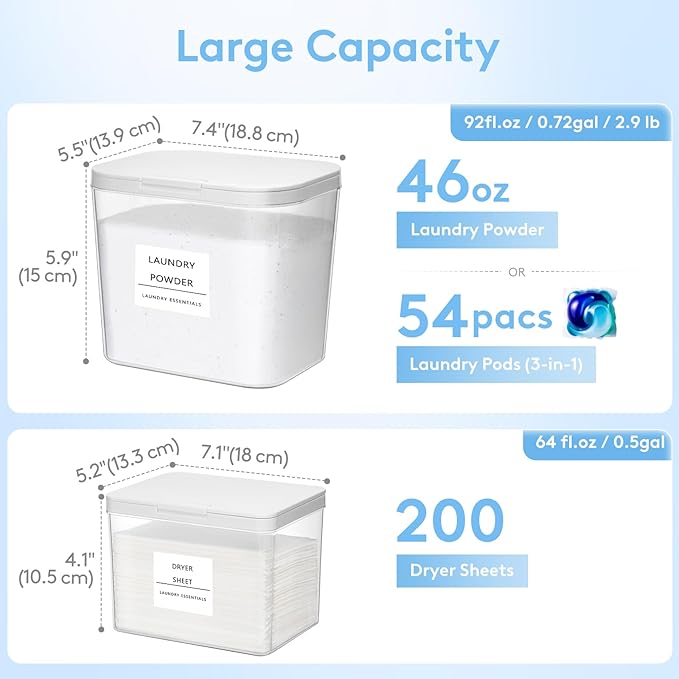 Lifewit 2+1 Laundry Pods Container & Dryer Sheet Holder, Large Powder Detergent Dispenser Storage Jars, Laundry Room Containers for Scent Booster Beads with Pop up Lids, Labels and Scoop
