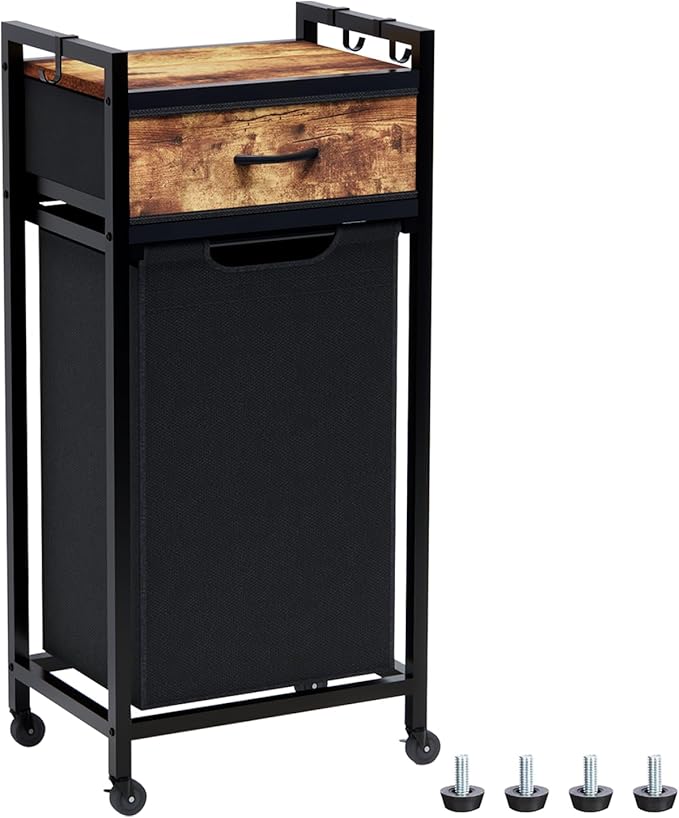 Laundry Hamper, Laundry Sorter, Rolling Laundry Basket with Drawer, 18 Gal (68 L), Pull-Out and Removable Oxford Fabric Bags, Black and Rustic Brown