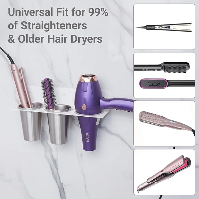Hair Tool Organizer Wall Mount, Stainless Steel Hair Tool Holder with 2 Heat-Resistant Cups, Curling Iron Holder for Vanity, Hot Tools Organizer with PVC Ring,Hair Dryer Holder for Bathroom
