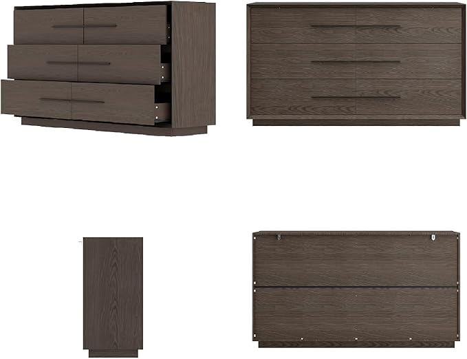 Bedside Table with 6 Drawers, Modern Side Table, Wide Nightstand, Wooden Bed Side Tables, Wood Grain Floor Storage Organizer with Metal Handles for Sofa Couch Bedroom, Dark Brown