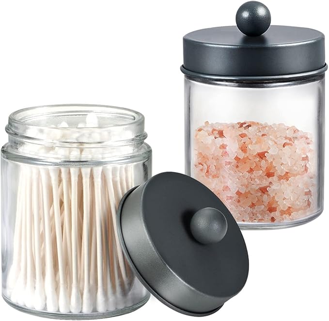 Amolliar 6Pc Apothecary Jars Bathroom Vanity Organizer- Rustic Farmhouse Decor Storage Canister with Stainless Steel Lids- Qtip Dispenser Holder for Q-Tips,Cotton Swabs,Rounds,Ball,Flossers (Grey)