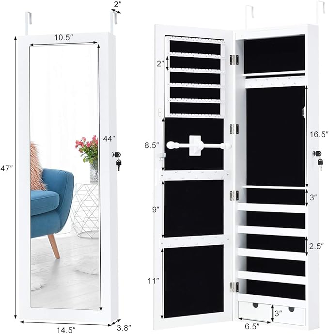 Giantex Jewelry Armoire Cabinet Wall Mounted Door Hanging, Lockable Jewelry Cabinet with Full Length Mirror, 15 LED Lights, Large Storage Jewelry Box Organizers with 2 Drawers (14.5"W x 4"D x 47.5"H)
