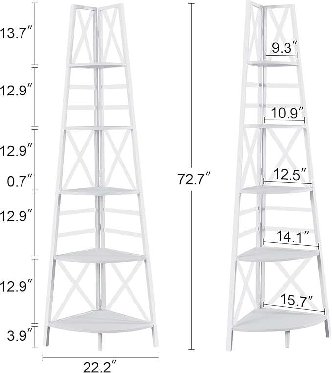 HOMBAZAAR 5 Tier Corner Shelf, 72 Inch Industrial Corner Bookshelf, Tall Ladder Bookcase with Metal Frame, Rustic Shelf Stand for Living Room, Bedroom, Office, White