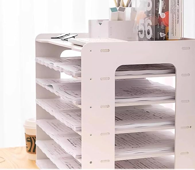 Extra Large A3 Paper Storage Unit, 11x17 Paper Organizer, Tiered Stationery Storage Rack PVC with 7 Compartments, Desk Organizer for Office and School Supplies