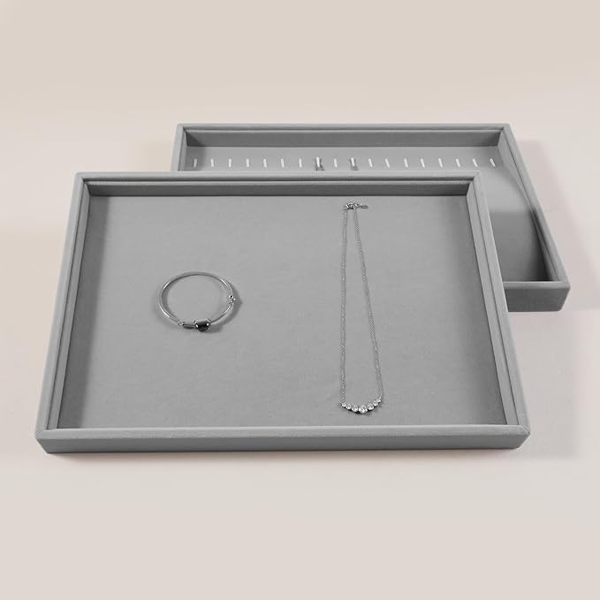 Velvet Stackable Jewelry Display Flat Tray For Ring Earring Necklace Bracelet, Bangle Pendant Storage Blank Plate, Shop Countertop Jewelry Dish Organizer (Gray)