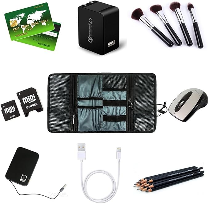 ProCase Electronic Organizer Cord Pouch, Travel Cable Charger Phone Accessories Bag Organizer Roll up Tech Carrying Case for USB Cables SD Memory Cards Earphone Flash Hard Drive –Black