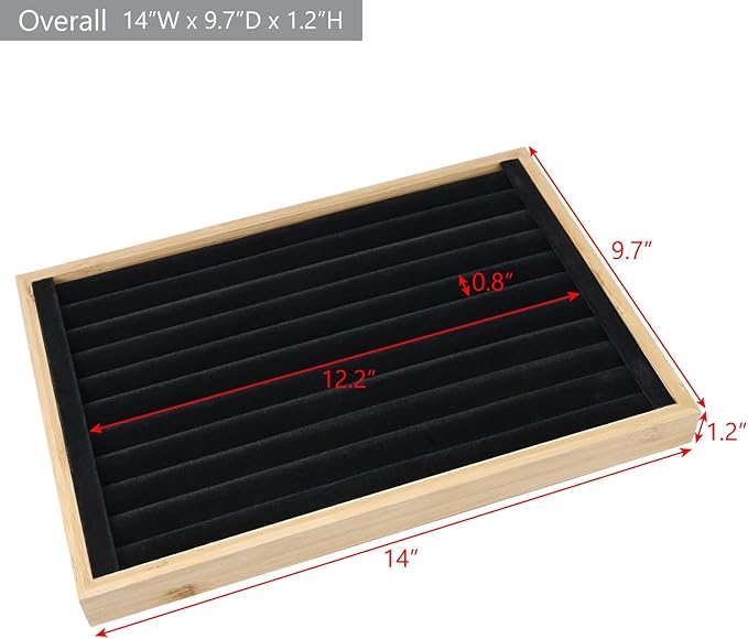 MOOCA 2 Pcs Bamboo Ring Display Tray Set with Black Suede Lining, Ring Organizer for Jewelry Storage and Display, Beige Color, 14W x 9.7D x 1.2H in
