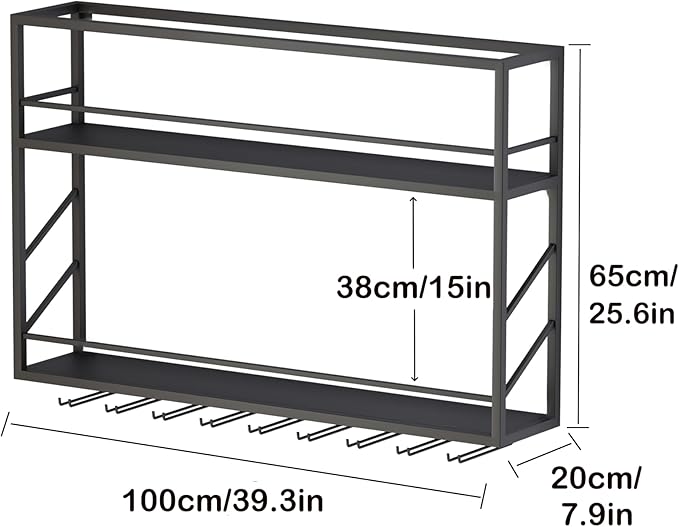 Wall Mounted Wine Rack with Glass Holder, 2-Tier Multi-Functional Shelf for Home, Restaurant, and Bar Storage (39.3”W x 7.8”D x 26”H)