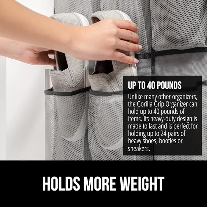 GORILLA GRIP Over the Door Shoe Organizer, 24 Extra Large Breathable Mesh Pockets, Space Saving Hanging Storage Holder, 4 Hook Closet Rack Hanger, Hangs on Closets for Shoes and Accessories, Gray