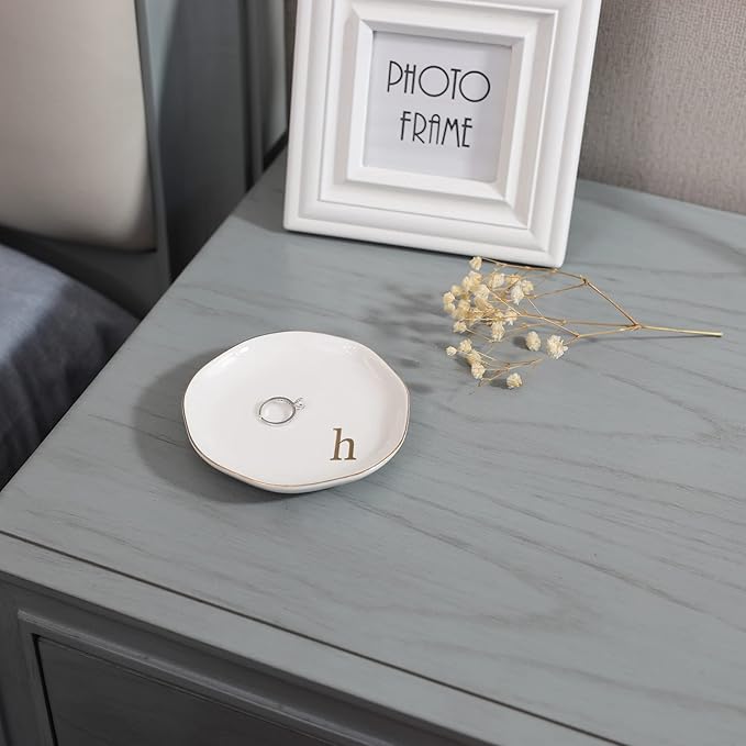 HOME SMILE Initials Ring Dish Jewery Tray with Personalized H-Monogrammed Engagement Wedding Gifts for Friends,Sister,Birthday Christmas Gifts for Women,Ceramic White