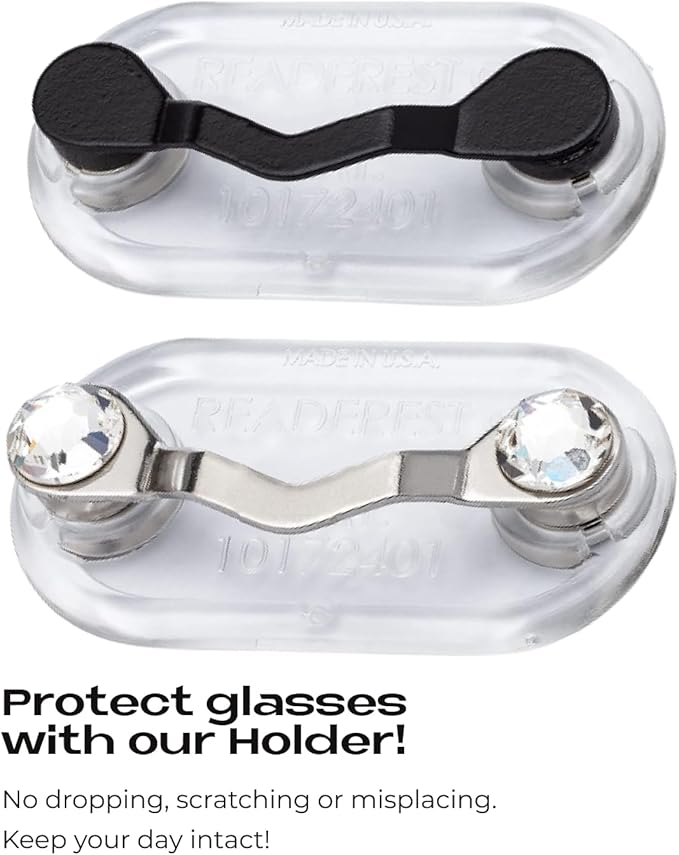 Readerest Magnetic Glasses Holders (2 Pack), Secure Clip for Reading Eyeglasses, Sunglasses & Work Badges, Glasses Holders for Men & Women, USA Made (Black & Stainless Steel + Crystals)