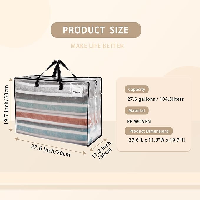 VENO 4 Pack Heavy Duty Moving Bags, Storage Bags, Packing Supplies, Top Zipper, Storage Totes for Camping, Clothes, Bedding, Comforters, Pillows (27 Gallon Clear, 4 Pack)