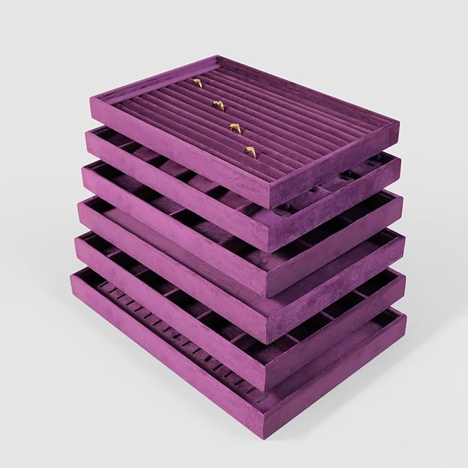 Velvet Ring Display Tray, Stackable Muilt Slot Rings Ear Stud Storage Tray, Drawer Insert Jewelry Accessories Organizers Plate (Purple)