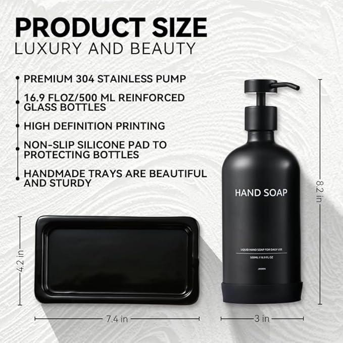 Glass Kitchen Soap Dispenser Set with Ceramic Tray,16.9 floz Hand and Dish Soap Dispenser for Kitchen and Bathroom Decor (Black Bottles +Black Pumps)