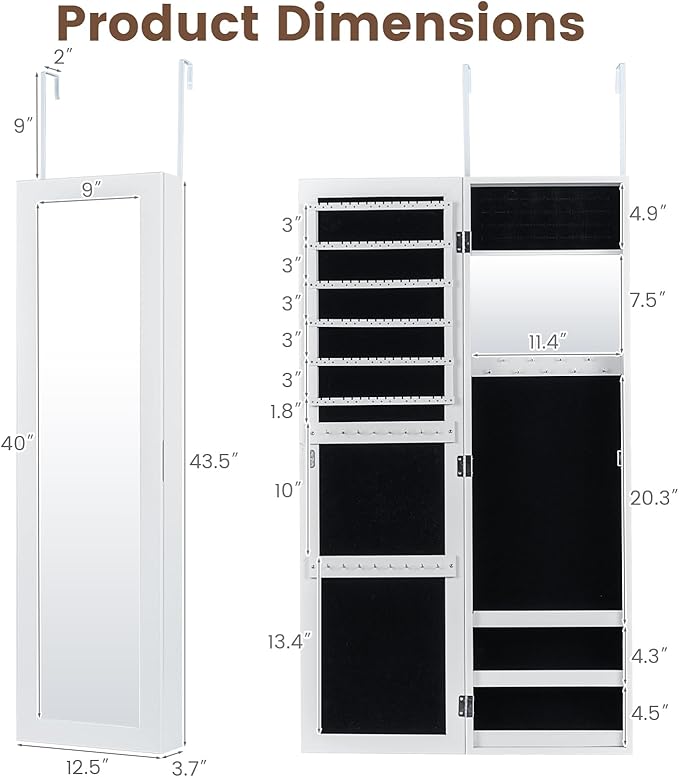 COSTWAY Full Length Mirror Jewelry Cabinet, Wall Door Mounted with Makeup Mirror, Ring Slots & Necklace Hooks, Large Storage Jewelry Armoire for Bedroom, Dressing Room (White)