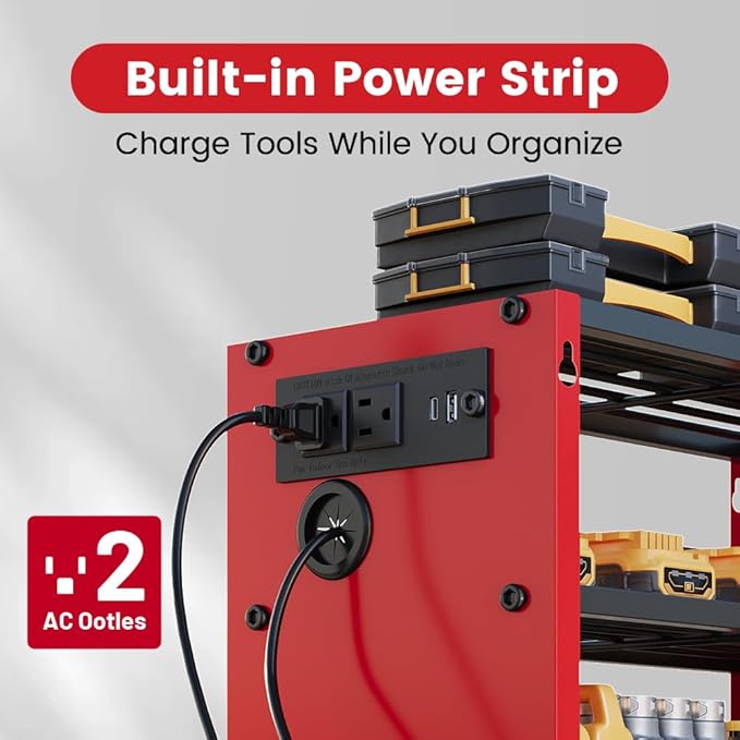 4 Layers Power Tool Organizer Wall Mount with Power Strip, Heavy Duty Metal Tool Shelf, 400lbs Capacity for Cordless Drills, Batteries & Garage Storage (4 Slots with 2 Outlets Power Strip)