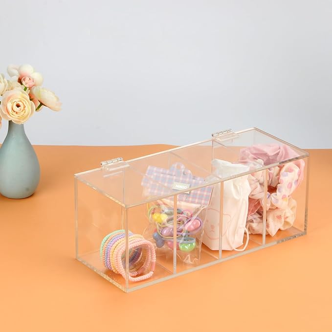 Hair Accessories Organizer for Girl, Acrylic Hair Tie Organizer Scrunchie Holder with Divider for Headband, Hair Clip, Cotton Swab, Cosmetic Cotton, Storage Box with Lid for Jewelry