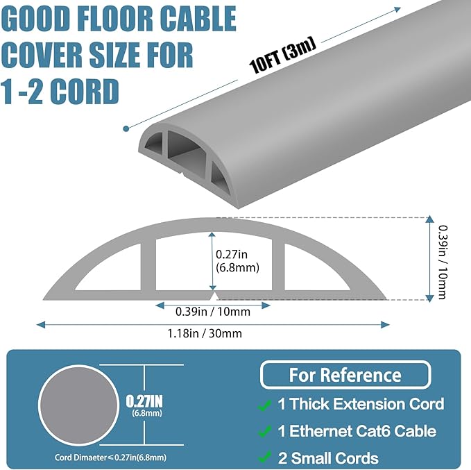 Floor Cord Covers for Wires 10FT Cable Hider Wire Cover Self Adhesive Cord Hider Floor for Offices, Homes, Workshops, Warehouses Cable Cavity 0.39" W x 0.27" H