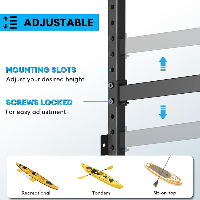 Kayak Storage Rack Heavy Duty, Adjustable Wall Mount Hanger for Indoor Garage & Outdoor Storage, Storage Rack for Kayak, Canoe, Surfboard & Paddle Board (Kayak Storage Rack Wall Mount 1)
